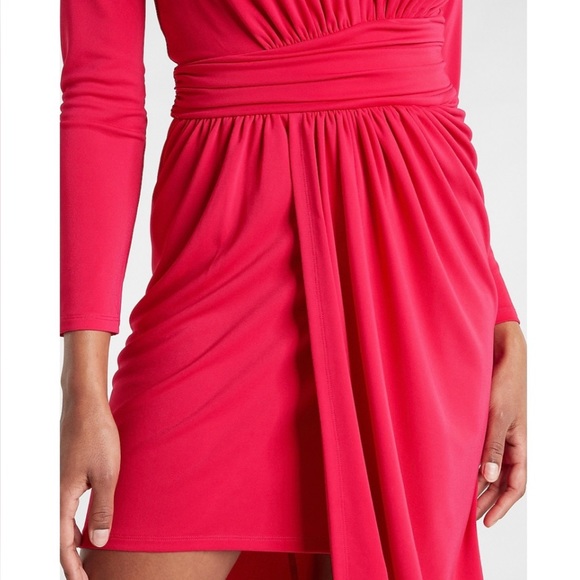 Express Draped V-Neck Strong Shoulder Mini Dress Flamingo Pink XXSP - Picture 6 of 11